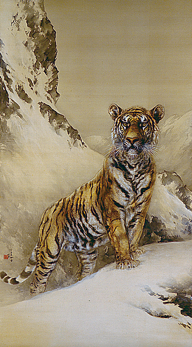 ⭕️掛軸 牡丹 虎 トラ中国 絵 日本画 絵画 水彩画 アート 古美術品 